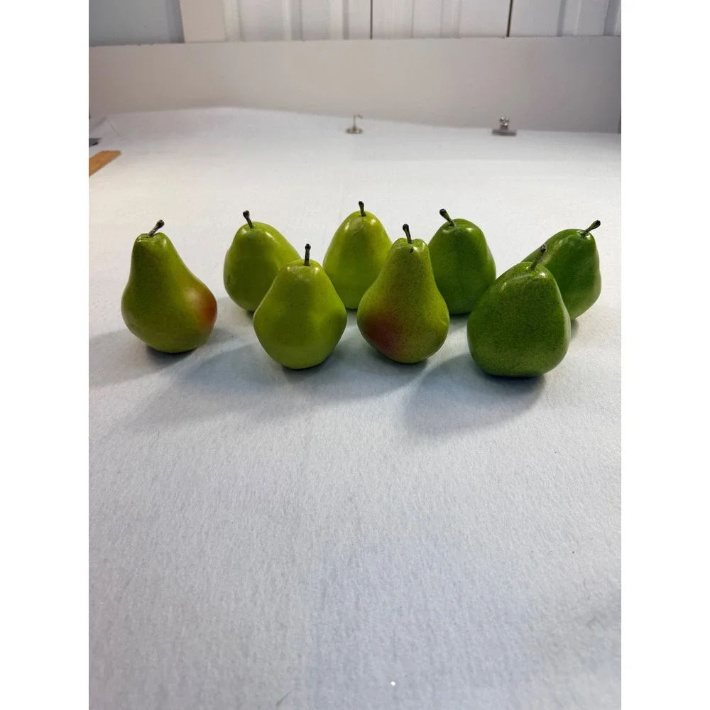 Modern Chrome Wire Basket with Orange Liner and 8 Artificial Green Pears Set